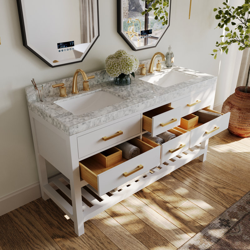 Ensemble de meuble-lavabo double 60 po Carrie, Blanc / nickel brossé, Marbre blanc de Carrare