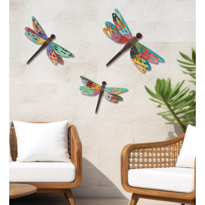 13" Garden Vibe Metal and Glass Floral Wall Décor with Painted Wing Accents - 3 Dragonfly
