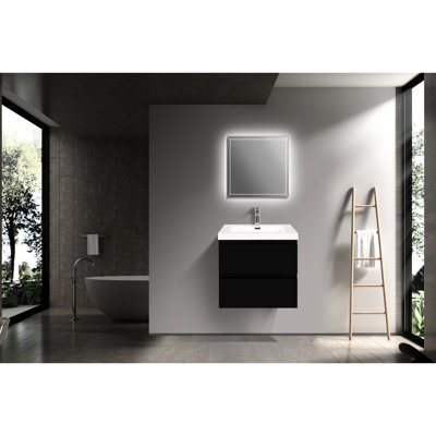 Lavabo de salle de bain 24 po - Noir brillant. Comptoir en résine. Tiroirs à fermeture en douceur pour une armoire de bain flottante noire organisée. Lavabo.