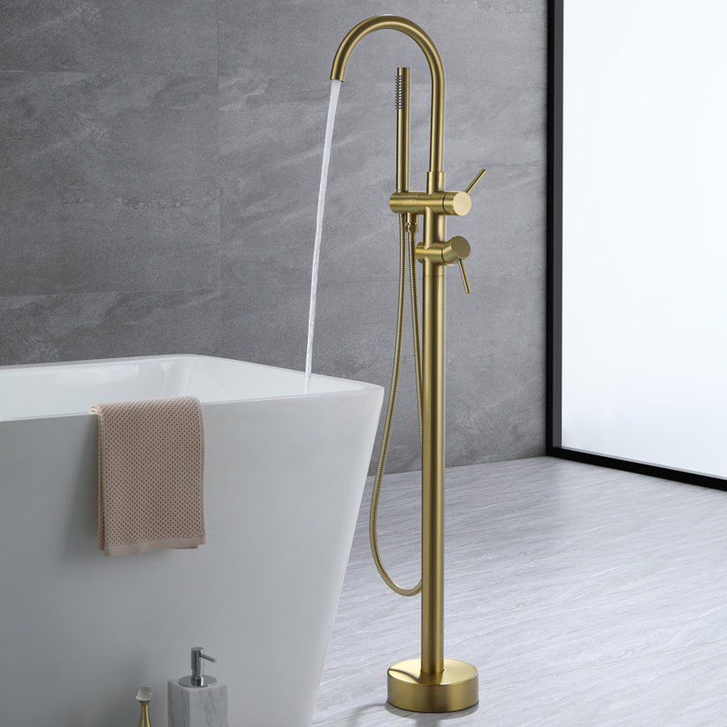 Robinet de baignoire autoportant monocommande à fixation au sol avec douche à main, Or brossé
