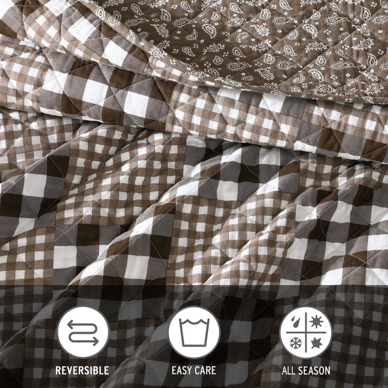 Eddie Bauer Gingham Patchwork Cotton Brown Reversible Quilt Set, King Quilt + 2 King Shams