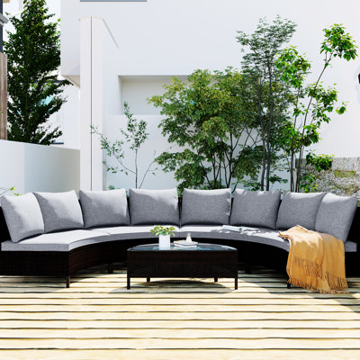 Extérieur - 5 pièces avec coussins gris, table en verre trempé et canapé modulaire à structure solide, plateau de coussins