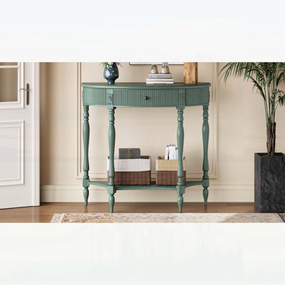 Console demi-lune en bois massif avec tiroir et tablette, table d'entrée incurvée cannelée vintage pour espaces étroits, vert rustique