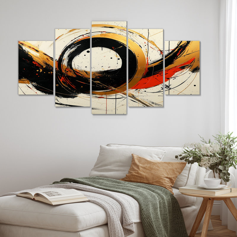 Abstrait, cercles abstraits dans des tons rouges et dorés I - Formes abstraites, ensemble d'art sur toile