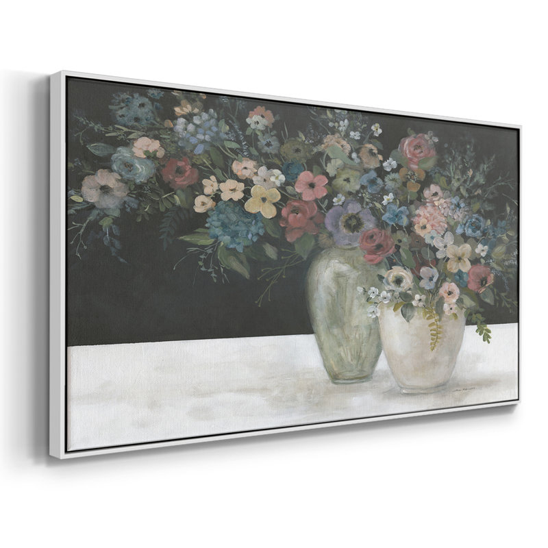 Fleurs rétro - Toile tendue avec châssis, prête à accrocher, H 21 po x l 41 po, Blanc