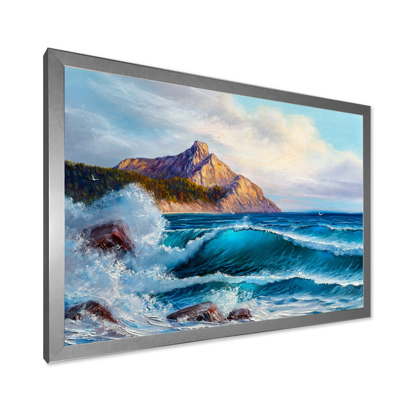 «Beautiful Blue Ocean Sunset And Waves II» - Décoration murale en toile nautique et côtière, Cadre photo argenté