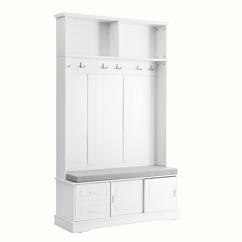 White Wood Hall Tree with Storage Bench and Sliding Doors