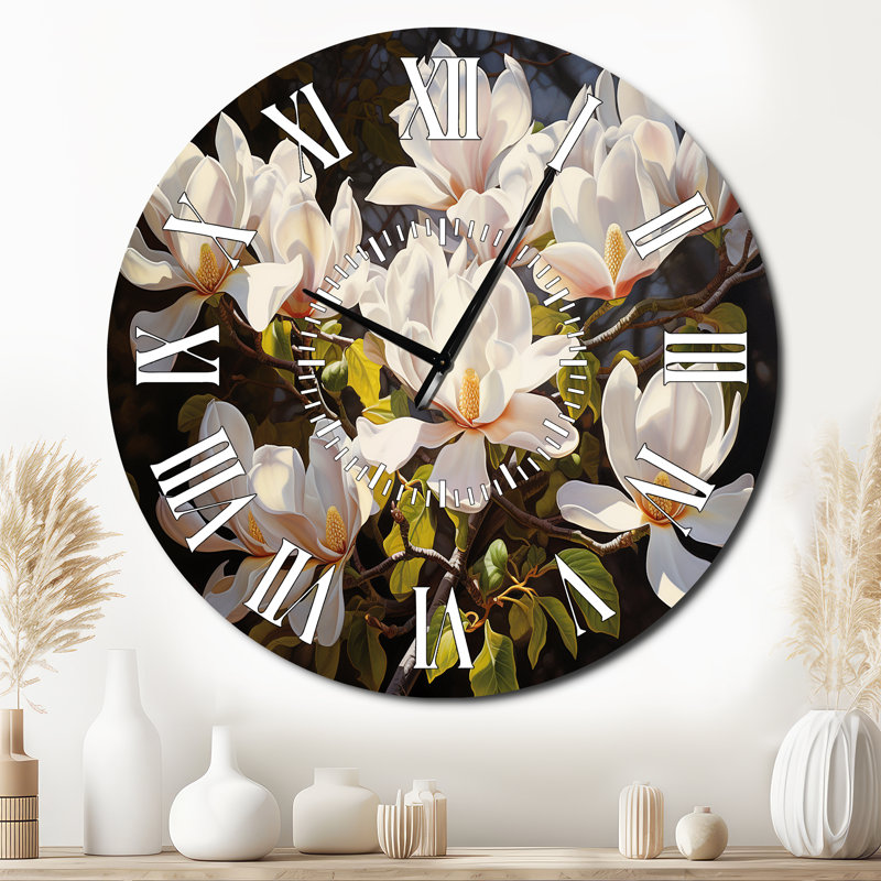 Horloge murale blanche blanche jaune Magnolias, Surdimensionné