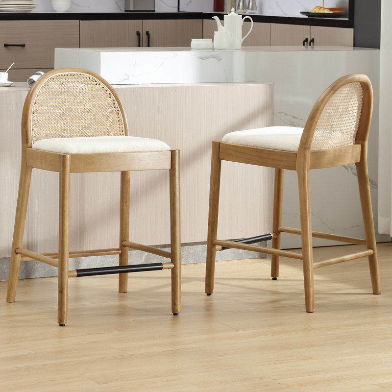 Modern Bar Stools Upholstered Counter Stools With Rattan Backrests And Wood Legs Kitchen Stools For Island, Brown/White