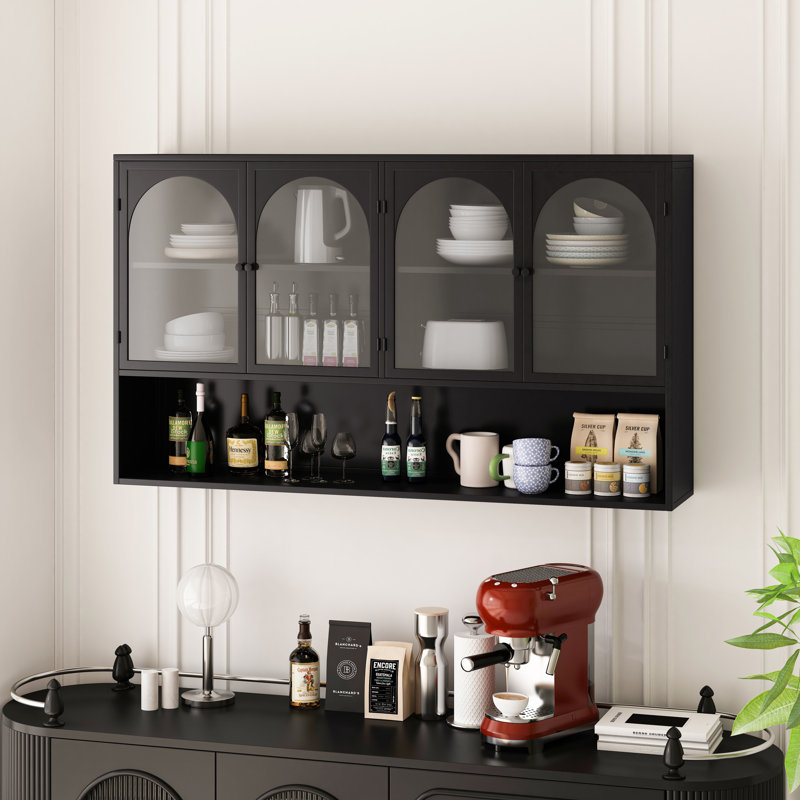 Armoire murale en verre 47,25 "à quatre portes, murale, adaptée, Noir, noir, noir, noir