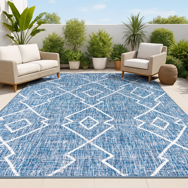 Allaire Tribal Diamond Trellis Blue/Ivory Indoor/Outdoor Rug, Rectangle 3'1" x 5'