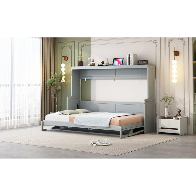 Grand lit gris avec levage hydraulique et fonction de bureau, peu encombrant pour les petits appartements, structure d'une capacité de 600 lb, rangement de matelas intégré, espaces de vie avec système de pliage Good Night de 10 pouces, structure