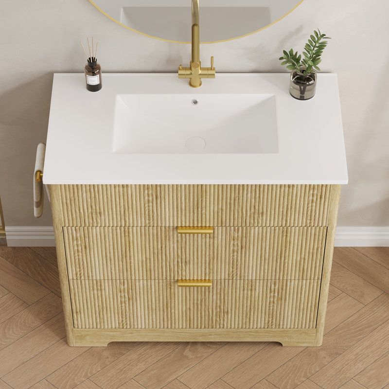 Meuble-lavabo cannelé 35 po avec évier et drain, 35 tiroirs, chêne naturel