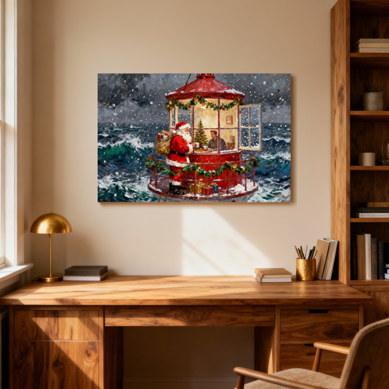 Père Noël sur le phare de la tempête de neige, H 16 po x l 24 po
