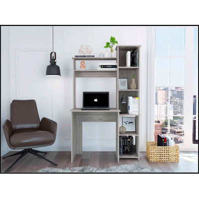 Bureau d'écriture gris clair à 6 tablettes avec bibliothèque intégrée, parfait pour un bureau à domicile organisé et élégant