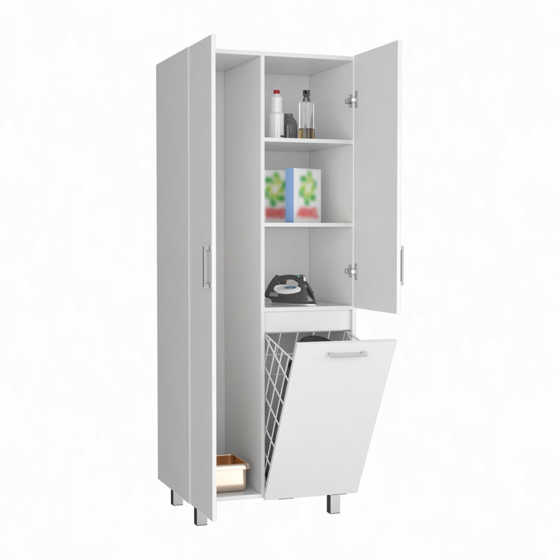 Armoire à balai à deux portes de 71 po de hauteur avec panier à linge Iris, quatre tablettes, cintres, armoire de rangement et garde-manger