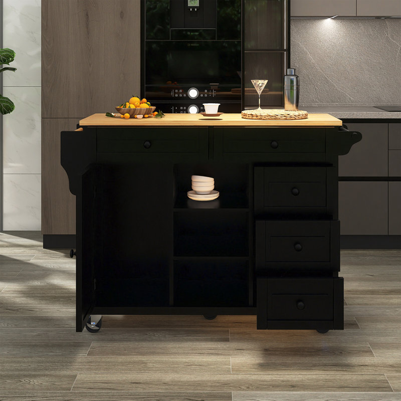 Chariot de cuisine avec îlot de cuisine mobile en bois d'hévéa avec rangement et 5 tiroirs, Noir