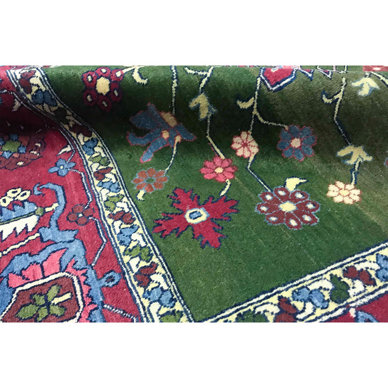Hand-Knotted High-Quality Green and Wine Area Rug
