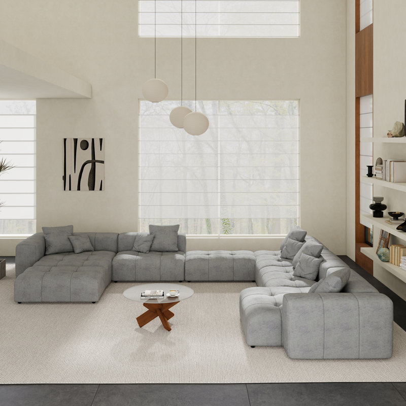 Canapé modulaire rembourré en tissu de lin avec repose-pieds 7 pièces Kay Crumley, Gris