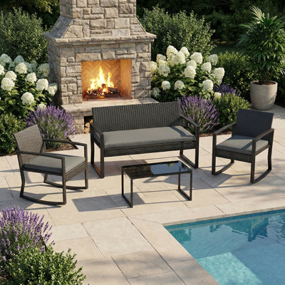 4 Piece Outside Patio Furniture Set, Outdoor Wicker Rocking Chair Conversation Set with Glass Coffee Table, PE Rattan Patio Furniture for Backyard, Porch, Patio, Poolside