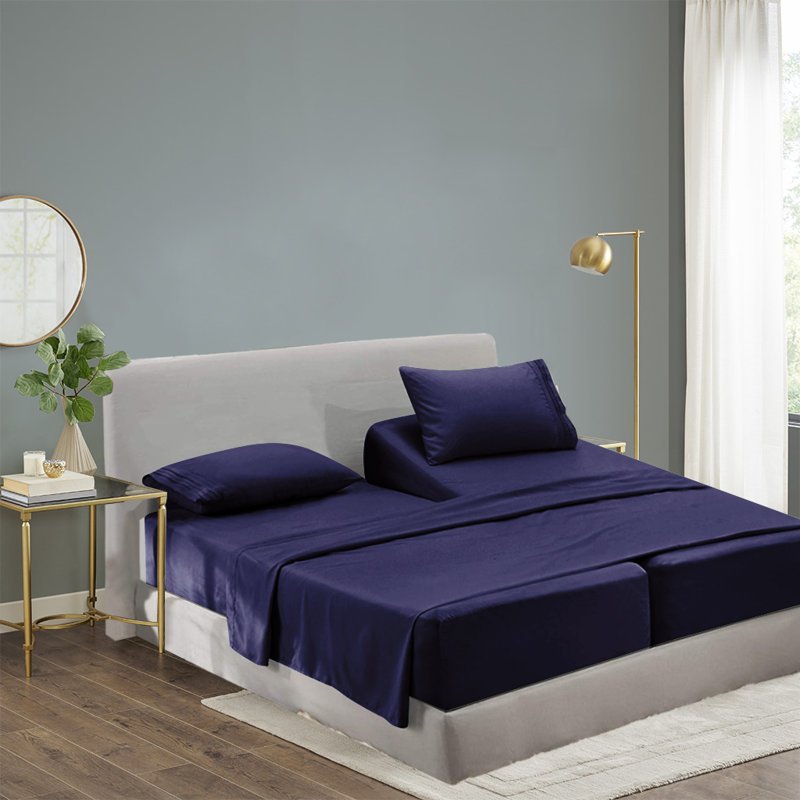  Ensemble de draps 1800 fils en rayonne de bambou, Bleu marine, Très grand séparé
