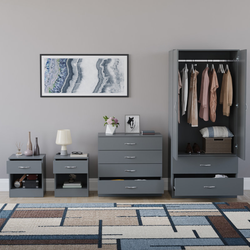 Tayce 4 Piece Bedroom Set (1 Drawer Bedside Chest X2, 4 Drawer Chest, 2 Door 2 Drawer Wardrobe), Grey