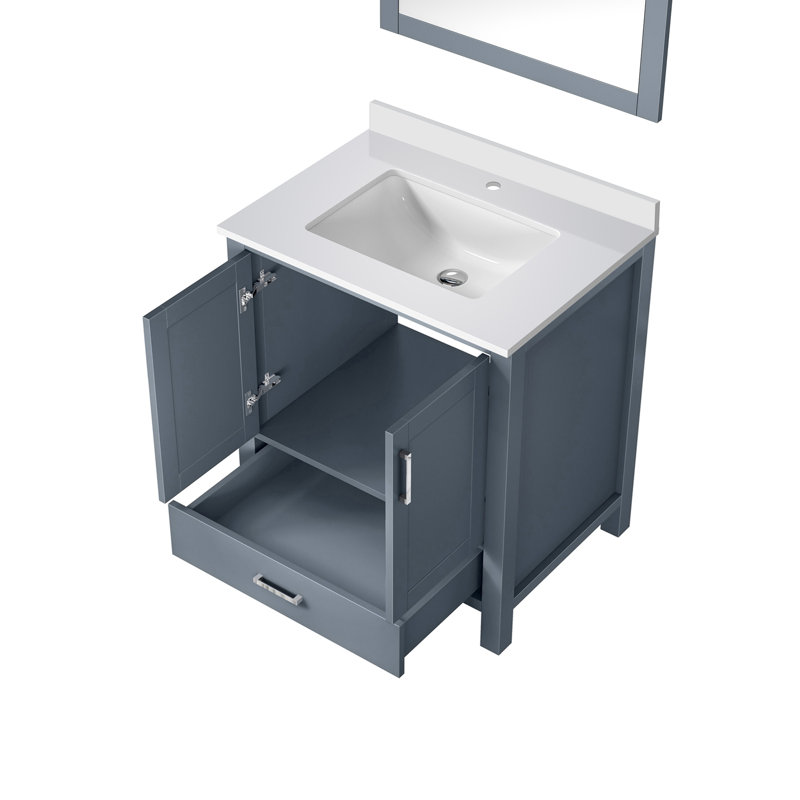Meuble-lavabo compact avec comptoir en quartz et miroir, Gris foncé