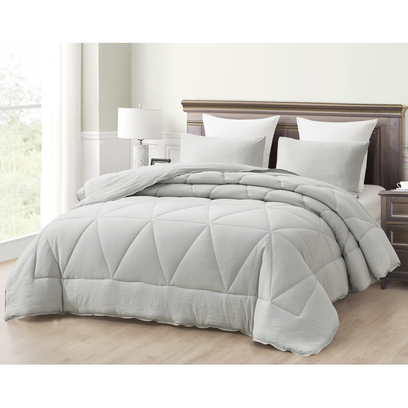Washed Microfiber Bedding Polyester Comforter, Queen Comforter + 2 Standard Shams, Light Gray