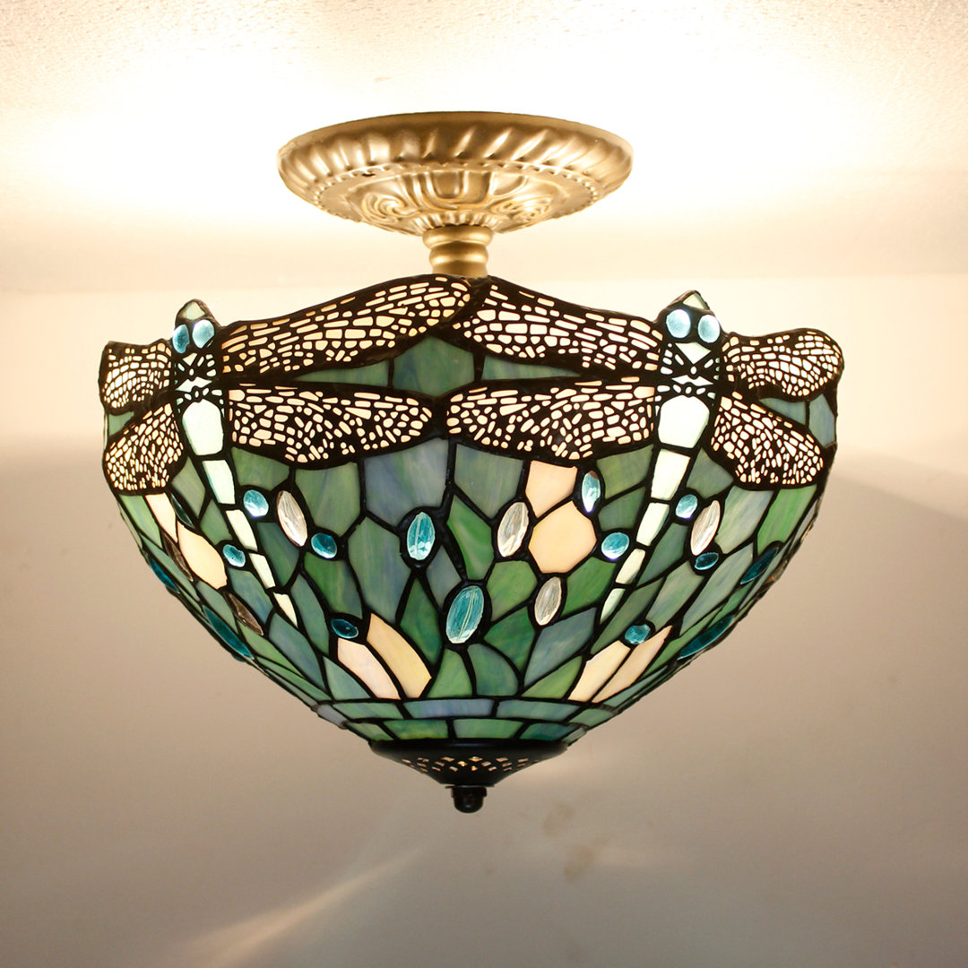 Tiffany Ceiling Light Sea Blue Stained Glass Dragonfly Semi Flush Mount Lamp Wide 12 Height 11 inch Bloomsbury Market
