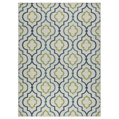 Tapis décoratif géométrique Ivoire/vert/bleu marine intérieur/extérieur Lucia