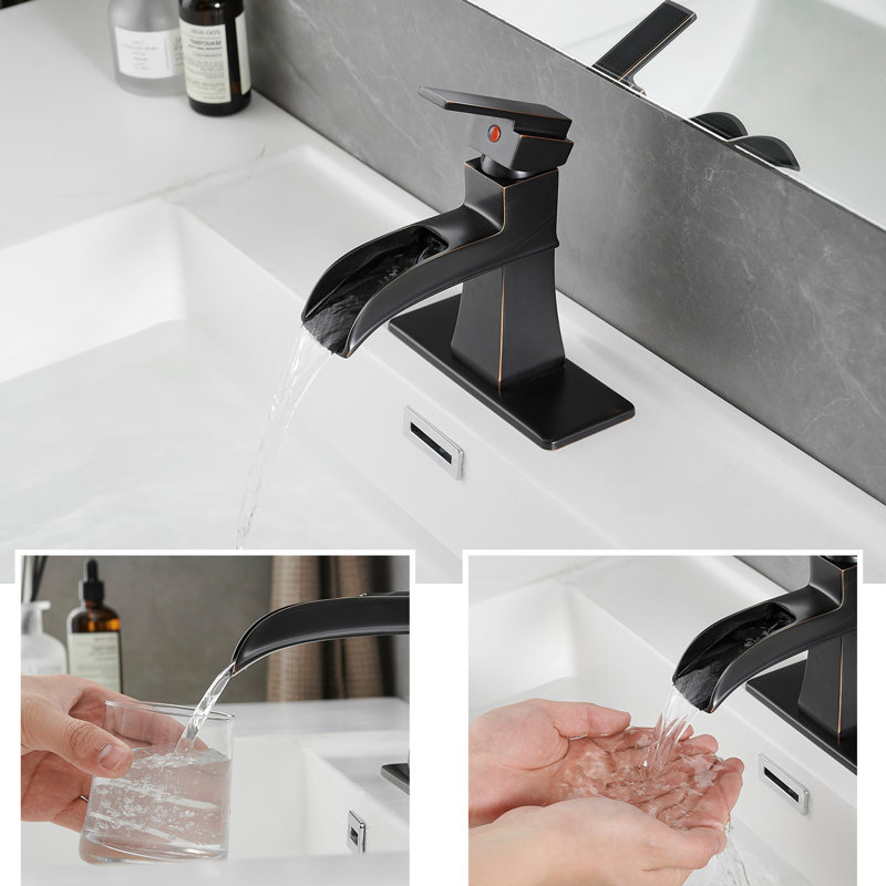 Robinet de salle de bain avec finition cascade, plaque de pont, bonde escamotable, conduites d'alimentation, poignée manuelle moderne