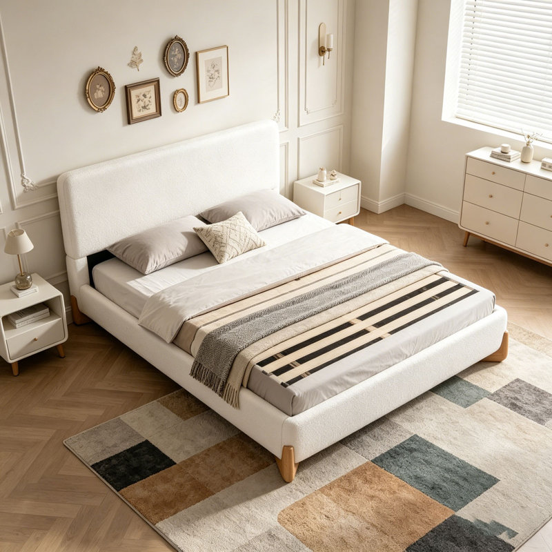 Lit tapissier, Blanc + polyester, Lit double