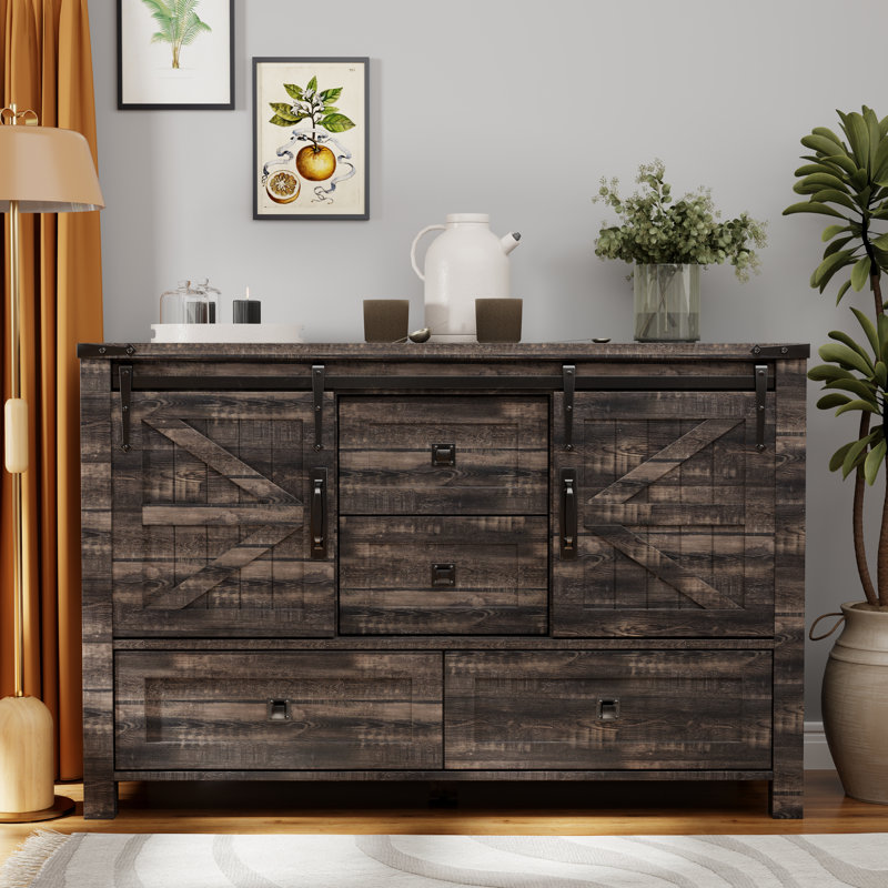 48'' Farmhouse Dresser Chests with 4 Drawers and 2 Cabinets, Dark-Color