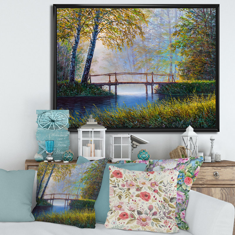 «Morning Sunlight And The Awakening Spring Forest», peinture sur toile, Cadre noir, H 12 po x l 20 po x p 1 po