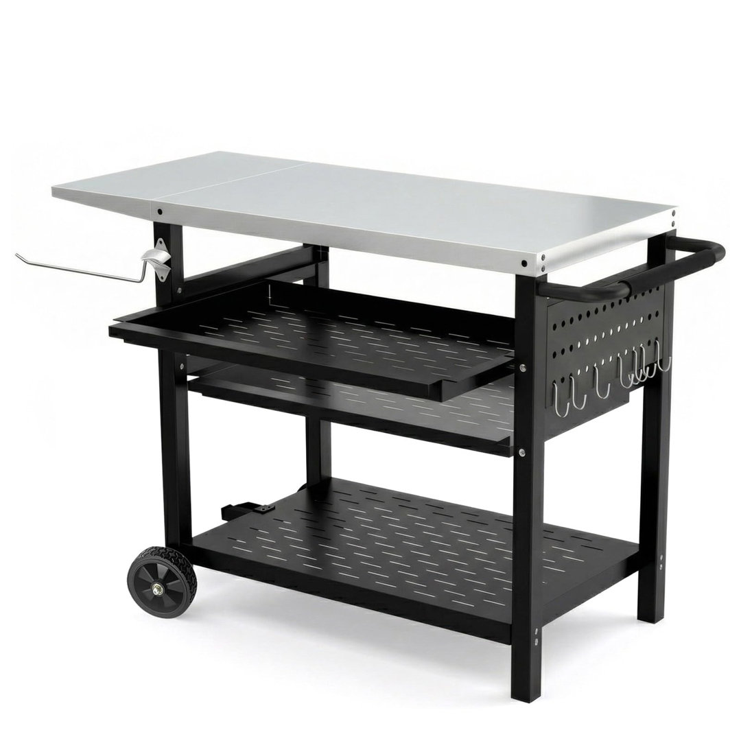 Stainless Steel Outdoor Picnic Table – 3 Shelves  Rolling BBQ Grill Cart with Pegboard & Drawer & Wheels & Side Handles for Garden or Backyard