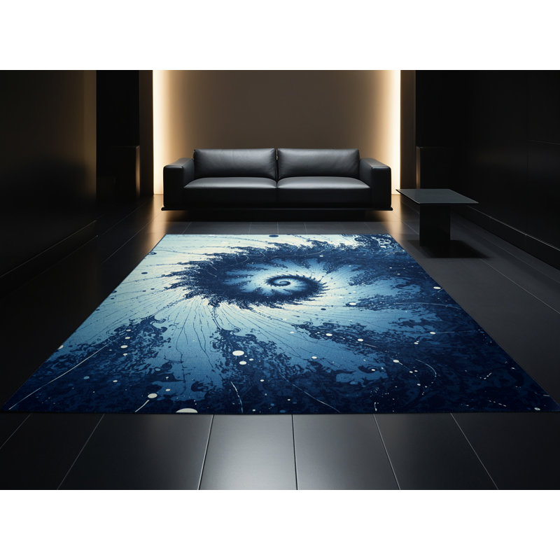 Machine Washable Ovetta Mandelbrot Set Modern & Contemporary Abstract Rug in Blue – Navy Binding, 2x3