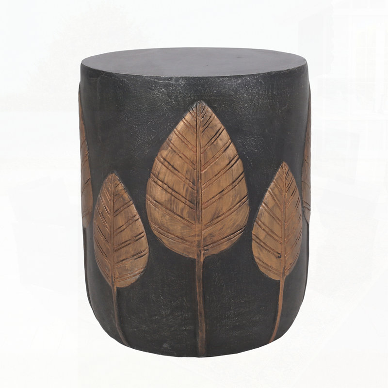 Boho Style Lightweight Concrete Side Table with Two-Toned Finish and Leaf Pattern, Perfect for Outdoor and Indoor Use
