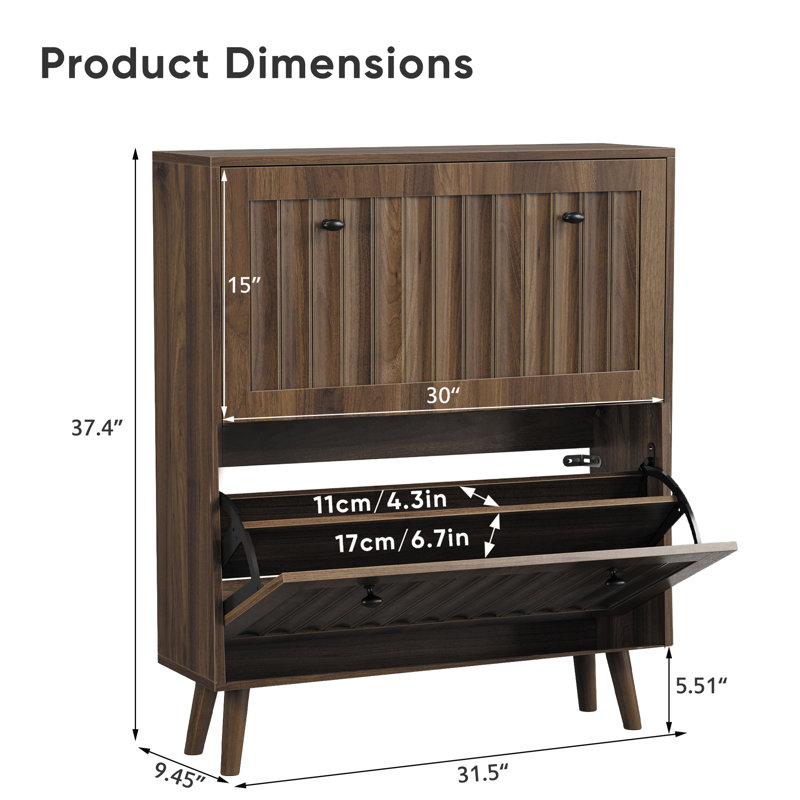 Walnut Shoe Storage Cabinet For Hallway, Foyer, Living Room, 37.41" H x 31.5" W x 9.45" D