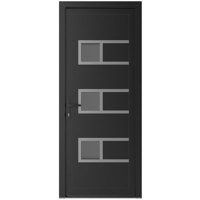Porte d'entrée extérieure prémontée en PVC-U métal-plastique Manux 8933, noir mat, pour bureaux, commerces et habitations. Convient à l'entrée, au patio et au garage. Largeur : 76 cm x Hauteur : 203 cm. Ouverture à droite vers l'intérieur.