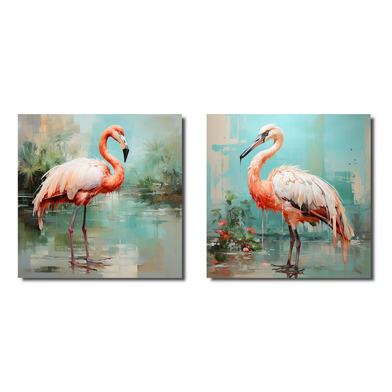 Pink And Green Flamingo Elegance I - Flamingo Canvas Prints Set Of 2, 16" H x 33" W x 1" D, Wrapped Canvas