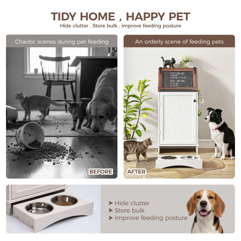 Station d'alimentation pour chien avec rangement, Blanc