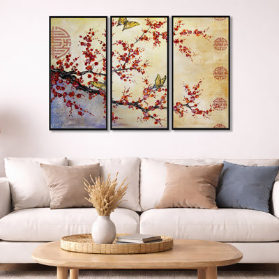 Butterfly Blossoms-Asian - Cottage_General, ensemble d'art mural sur toile encadrée, 3 pièces
