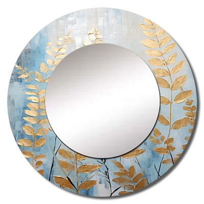 Rhyon Blue And Golden Ferns Breeze Symphony I - Ferns Unique Wall Mirror, Modern Round Mirror, Printed Metal Art