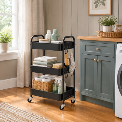 Tablette mobile noire à 3 niveaux L 17,7 po x l 12,2 po x H 29,1 po - roulettes avec bouchons, 4 crochets et assemblage facile pour les cuisines, les salles de bain, les salons et les bureaux