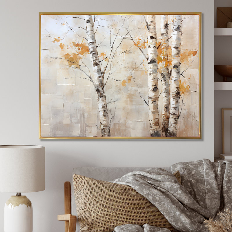 Beauté de bouleau argenté beige sur toile, Cadre flottant doré, H 12 po x l 20 po x P 1 po