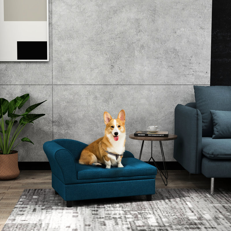 Lit surélevé pour chien, bleu foncé avec coussin et rangement caché, idéal pour les petits chiens de taille moyenne avec coussin moelleux et animaux de compagnie confortables