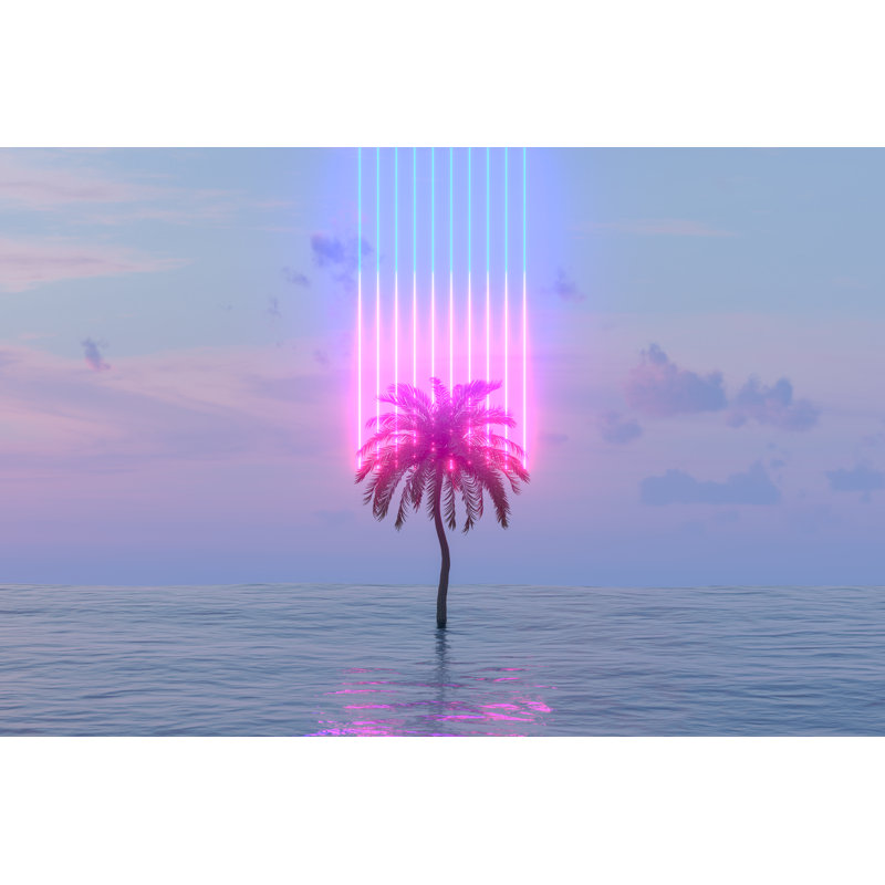 Neon Lightning Glowing Lines and Palm Tree Over The Sea by Akinbostanci, 20" H x 30" W