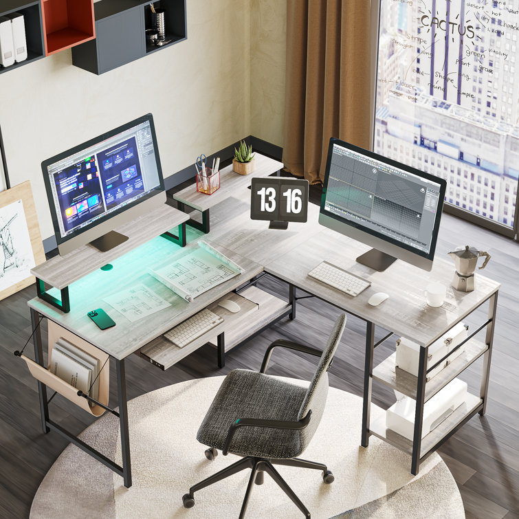 Orndorff L Shaped Gaming Desk or 2 Person Long Table with Shelves Monitor Stand and Keyboard Tray
