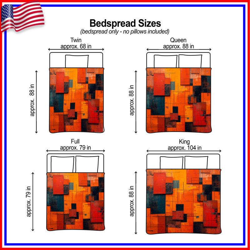 Orange Red Geometric Blocks Quilted Bedspread All Sizes, Full / Double
