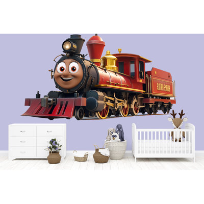 Cute Red Train Wall Decal For Kids Room, Smiling Steam Train Nursery Decor, Cartoon Train Wall Sticker, Playroom Art 190Mv
